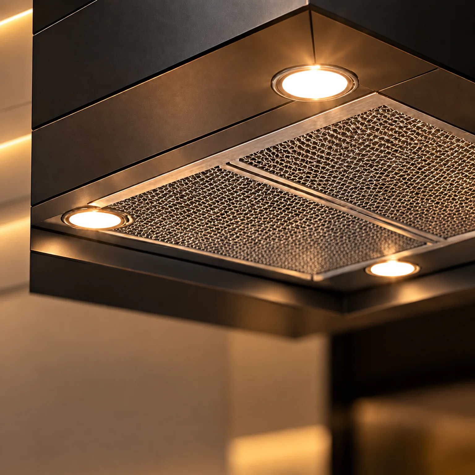 Detalhe dos filtros metálicos e das luzes da coifa preta