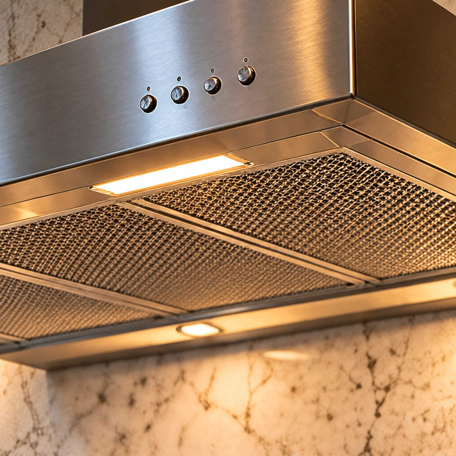 Detalhe dos botões, do filtro metálico e da iluminação da coifa em inox