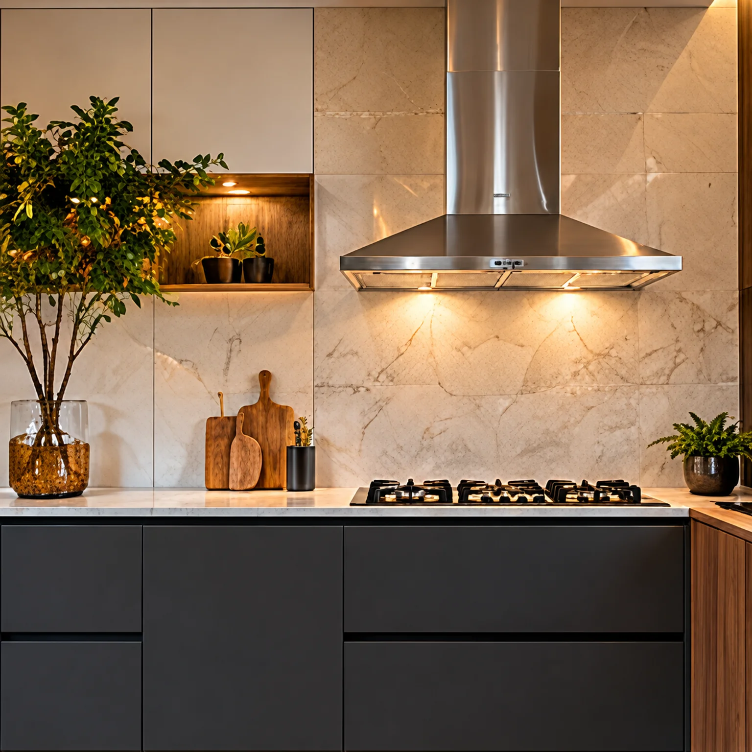 O inox se destaca sobre o revestimento claro e organiza o ponto de cocção em uma cozinha de contrastes suaves.