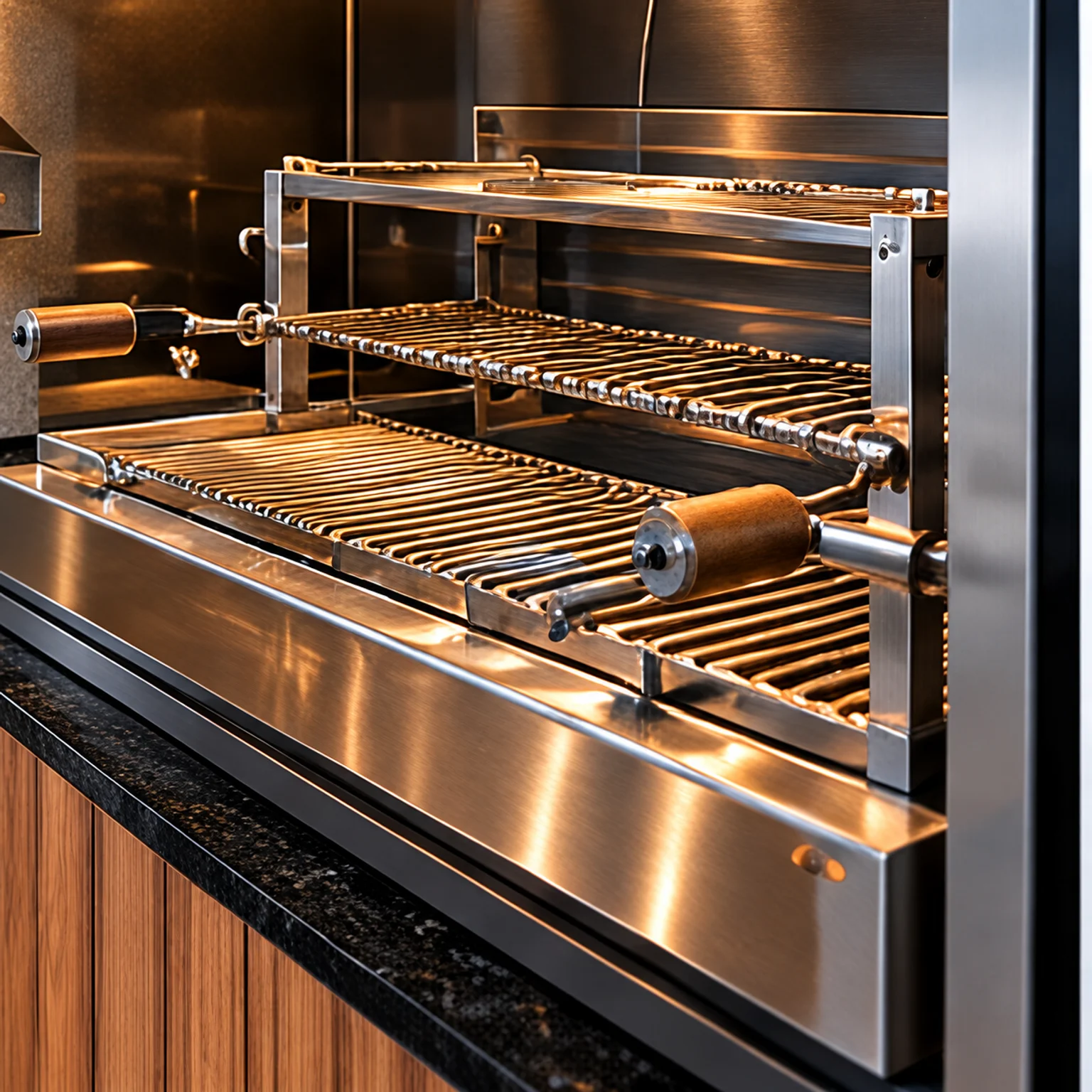 Detalhe das grelhas e suportes da churrasqueira com acabamento em inox